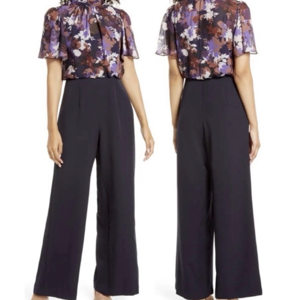 Julia Jordan NEW jumpsuit size 8 navy floral bodice chiffon crepe